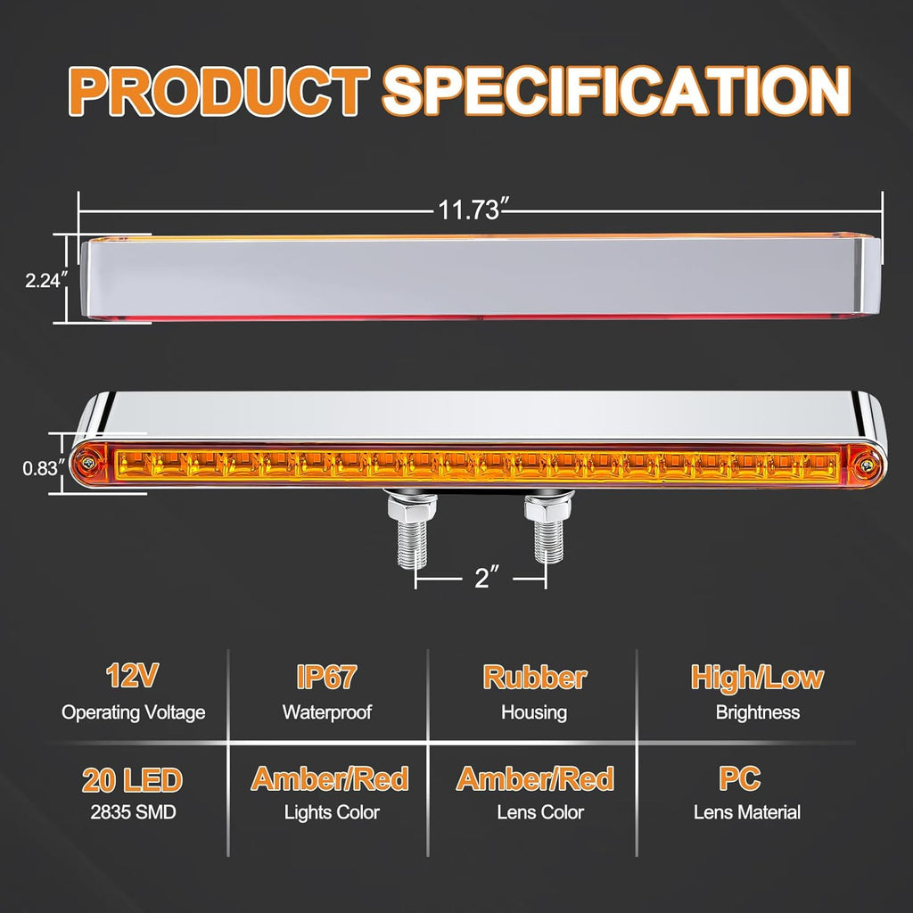 2Pcs 12" Red/Amber LED Combo Double Face Truck Semi Trailer Light Bars 20LED Waterproof with Double Studs Sealed Truck Trailer Led Pedestal Turn Signal Stop Tail Marker Clearance Lights 12V