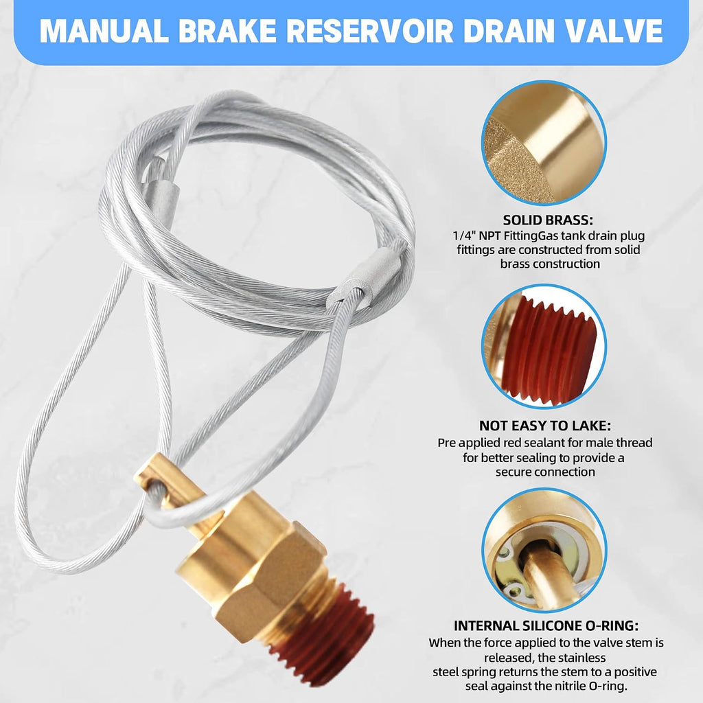 Brass 3/8" NPT Male Air Tank Drain Valve Plug with 60" Cable
