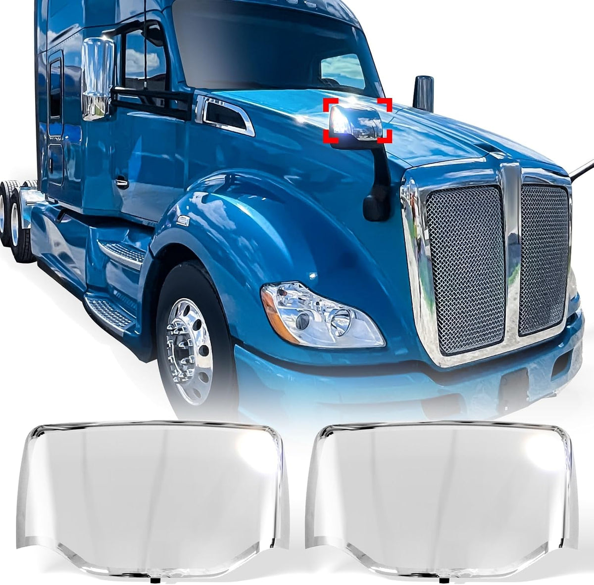 Chrome Hood Mirror Covers for Kenworth T680 / Peterbilt 579 587, Driver & Passenger Side (A Pair)