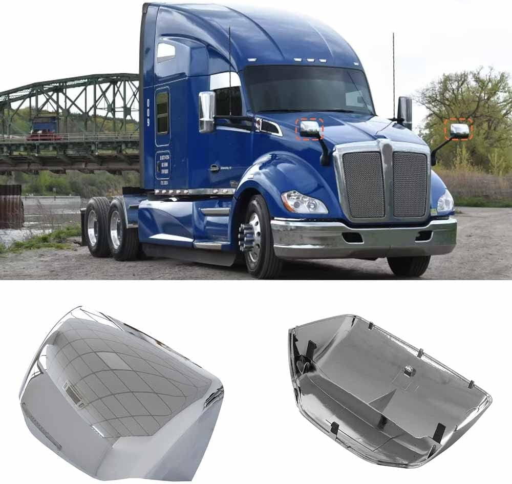 Chrome Hood Mirror Covers for Kenworth T680 / Peterbilt 579 587, Driver & Passenger Side (A Pair)