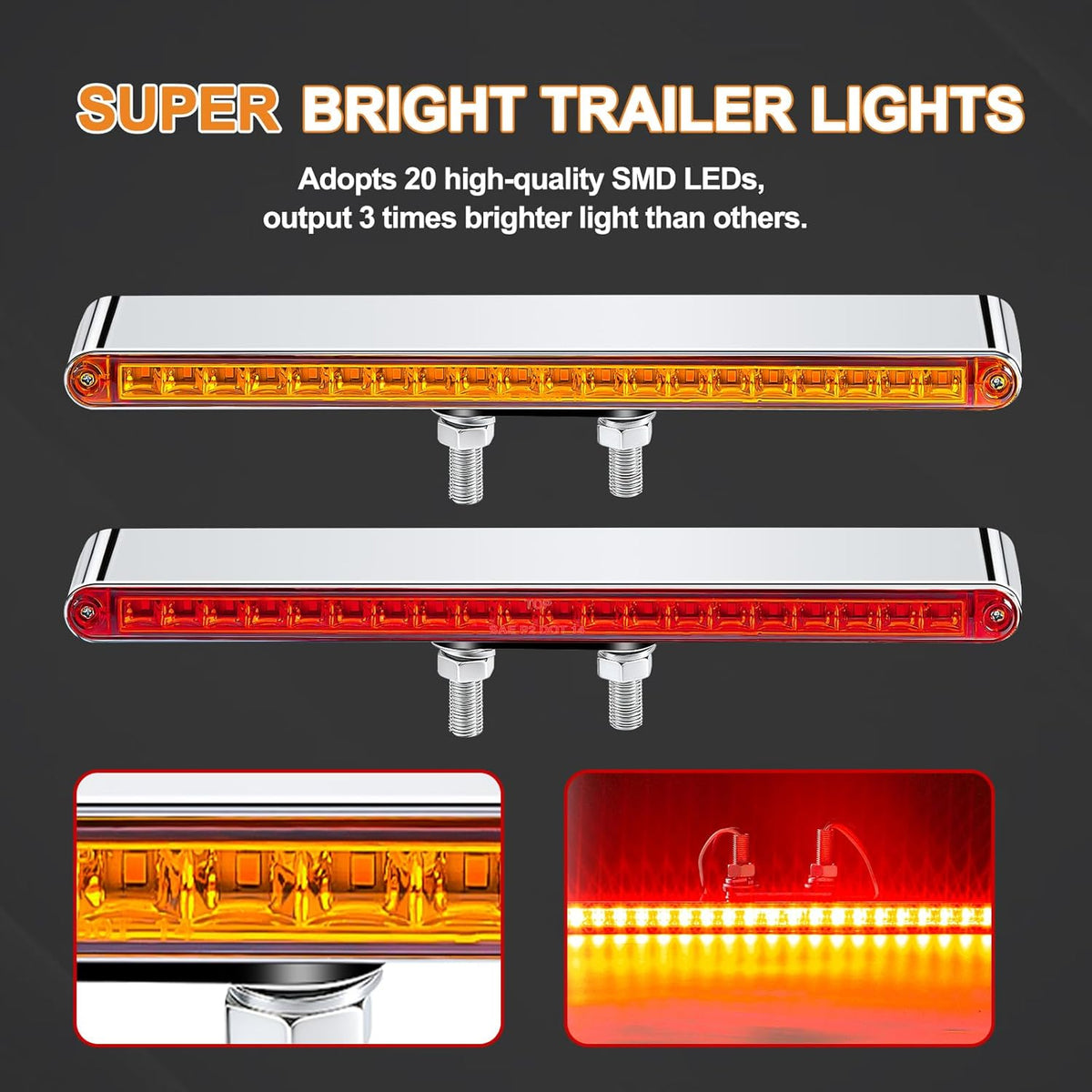 2Pcs 12" Red/Amber LED Combo Double Face Truck Semi Trailer Light Bars 20LED Waterproof with Double Studs Sealed Truck Trailer Led Pedestal Turn Signal Stop Tail Marker Clearance Lights 12V