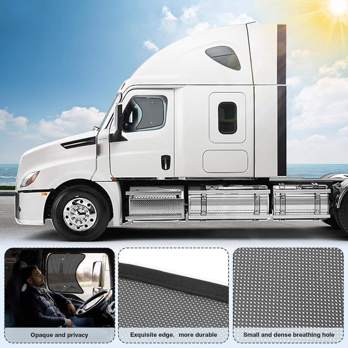 Semi-Truck Side Window Sun Shade - Fits Freightliner Cascadia (All Years) - UV Block & Heat Reduction - with Suction Cup -Mesh Side Window Shades for Long-Haul Drivers