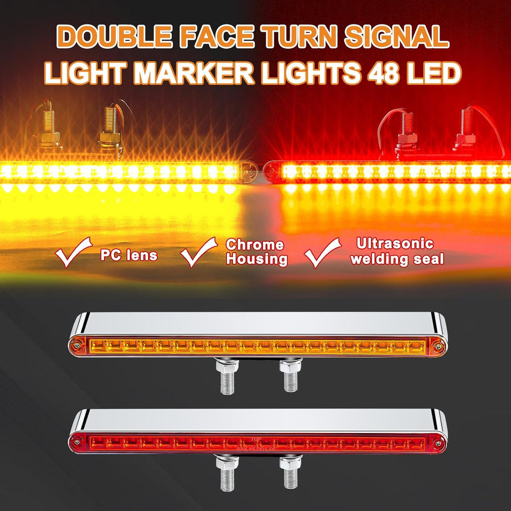 2Pcs 12" Red/Amber LED Combo Double Face Truck Semi Trailer Light Bars 20LED Waterproof with Double Studs Sealed Truck Trailer Led Pedestal Turn Signal Stop Tail Marker Clearance Lights 12V