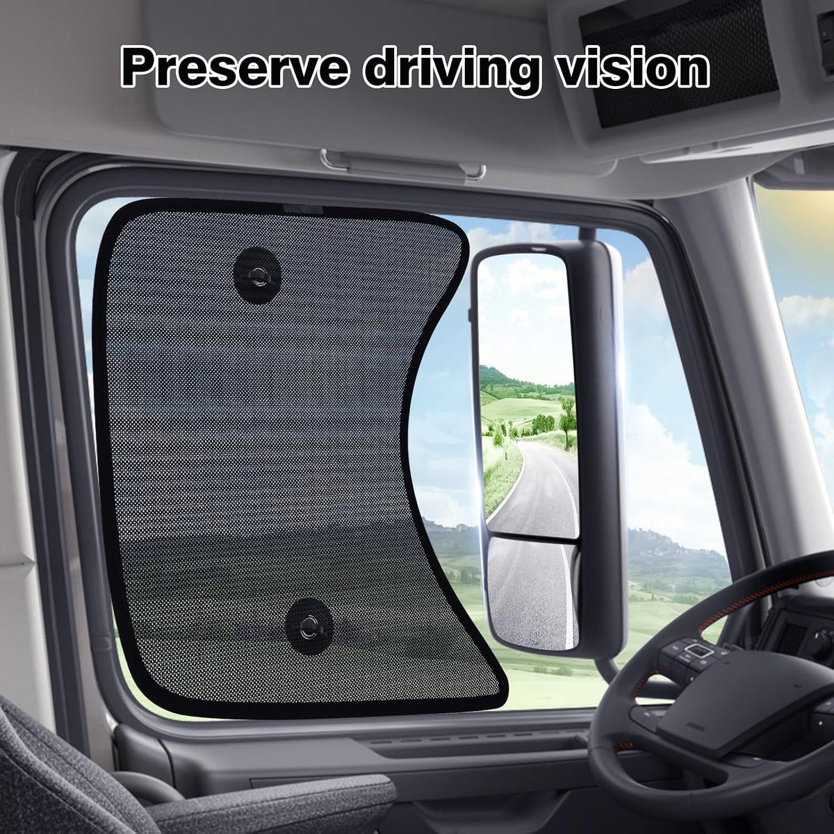 Semi-Truck Side Window Sun Shade - Fits Freightliner Cascadia (All Years) - UV Block & Heat Reduction - with Suction Cup -Mesh Side Window Shades for Long-Haul Drivers