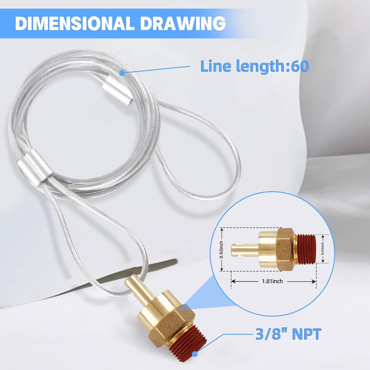 Brass 3/8" NPT Male Air Tank Drain Valve Plug with 60" Cable