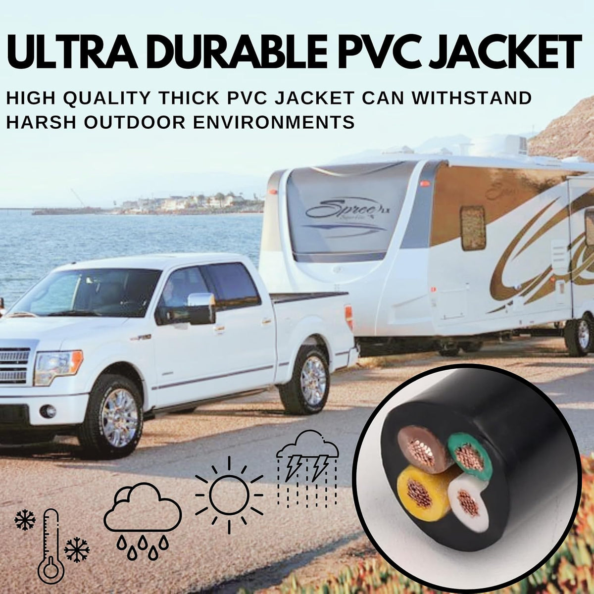 Heavy Duty 14 Gauge 4 Way CCA Conductor Wire RV Trailer Cable Cord Insulated Stranded Copper Clad Aluminum 4 Conductor Color Coded PC P2 DOT FMVSS 108/SAE Approved 25 FT ROLL